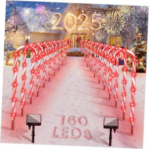 160 Red LED Christmas Lights, Solar Christmas Candy Cane Pathway 20 Pack Solar