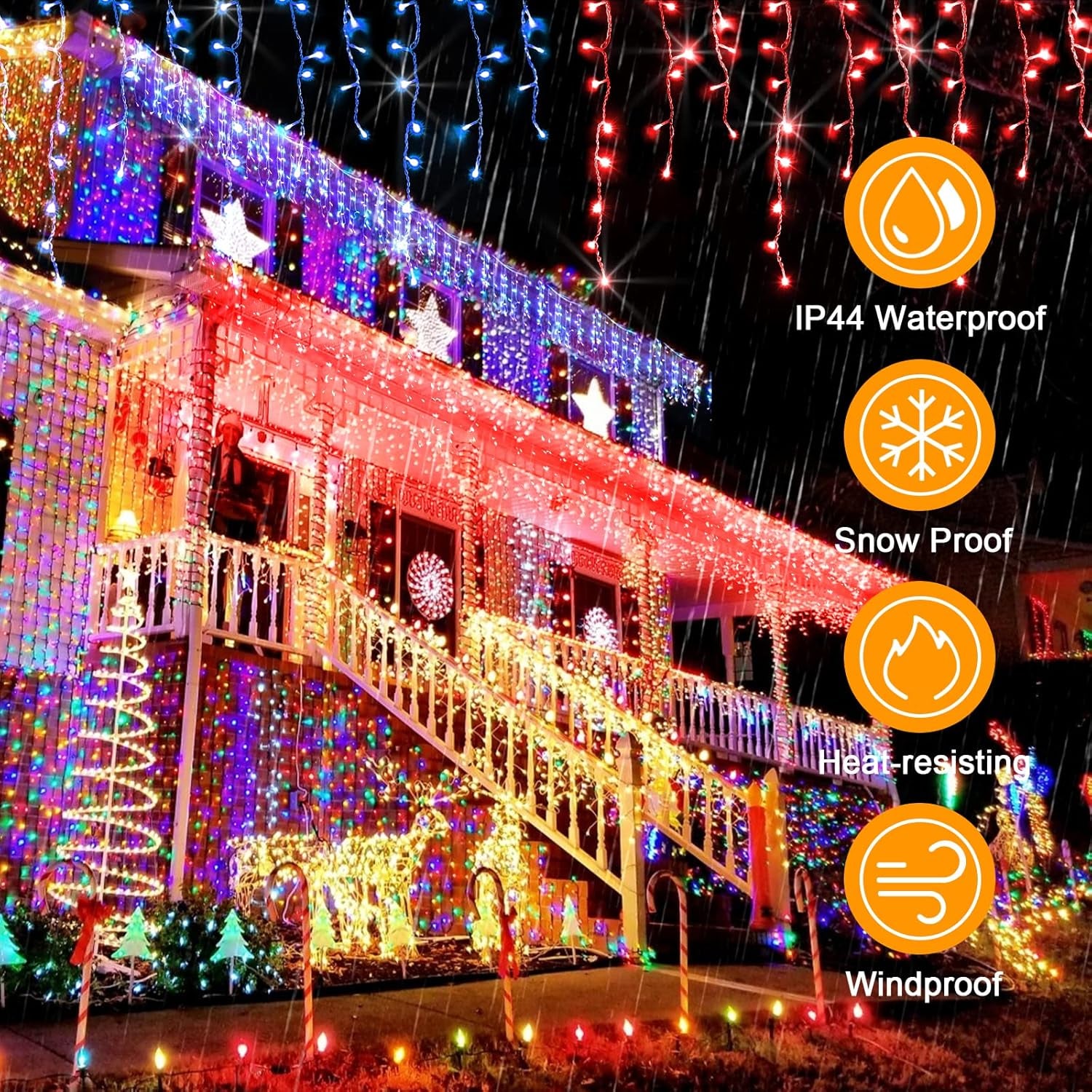 65 FT 640 LED Christmas Lights Outdoor Decorations Clear Wire String Lights Plug in 120 Drops Memory Timer Curtain Fairy Lights Waterproof for Holiday Wedding Party-Red and Blue