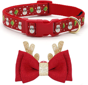 Christmas Dog Collar Adjustable Xmas Dog Collar with Christmas Antler Bow Tie Accessories Snowman Dog Collar for Medium Dogs