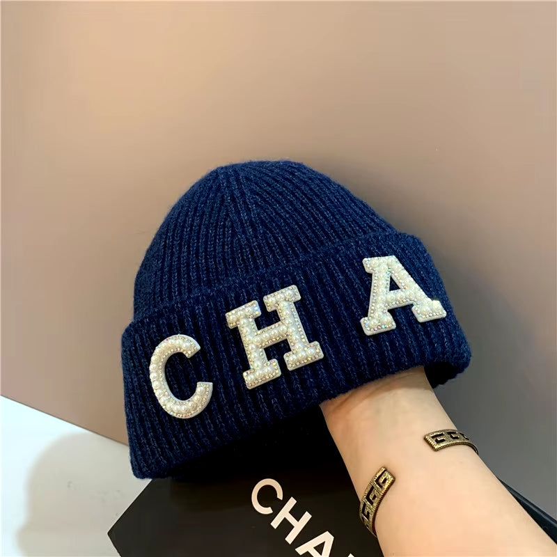 New Winter Hats Women Thick Warm Knitted Skullies Hats Pearl Letter CHA Soft Beanies