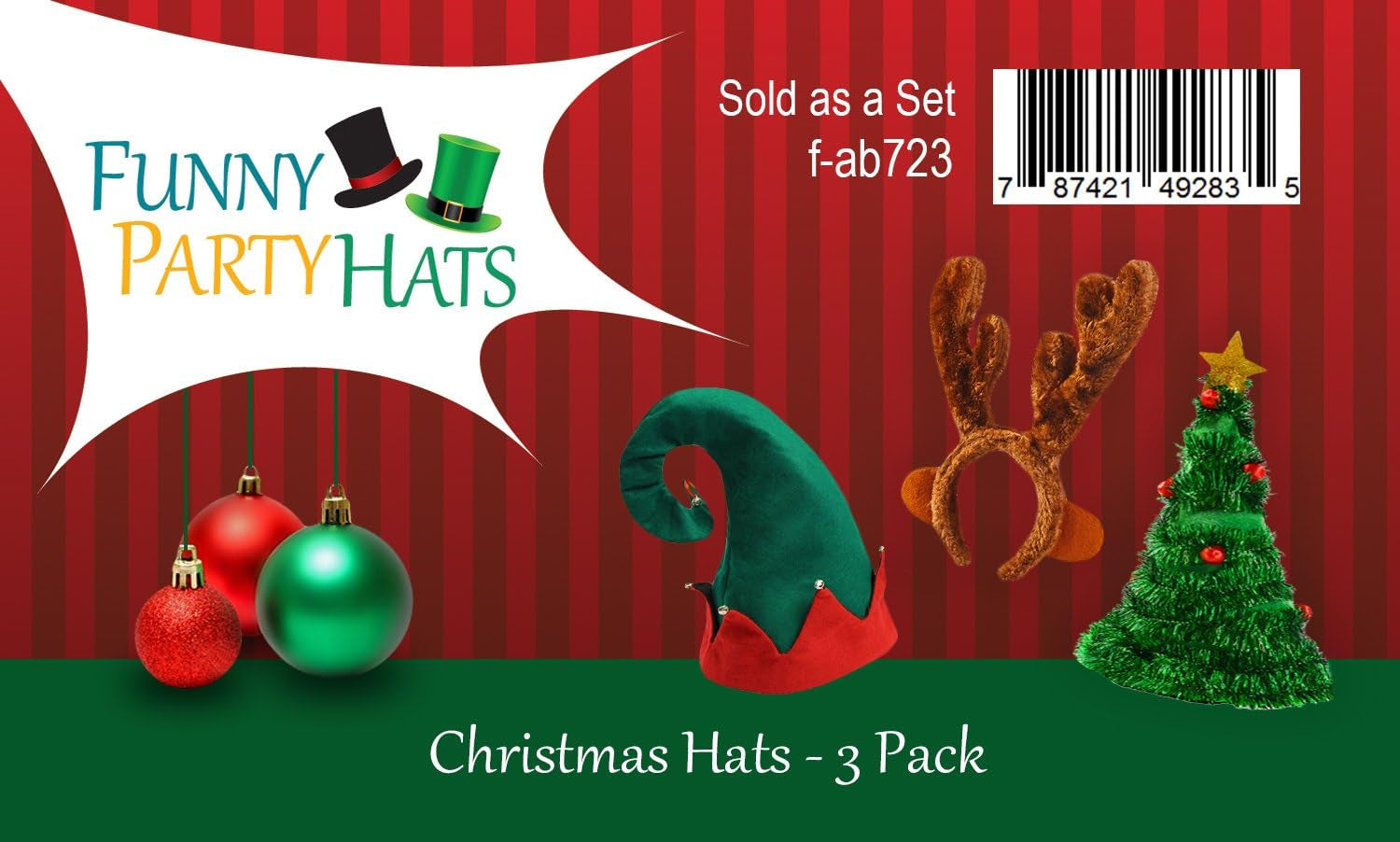 3 Pack - Plush Christmas Holiday Dress up Hats- Christmas Hats - Tree Hat - Santa Hat - Elf Hat