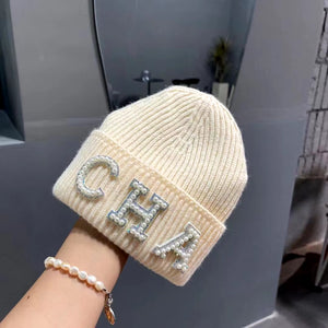 New Winter Hats Women Thick Warm Knitted Skullies Hats Pearl Letter CHA Soft Beanies