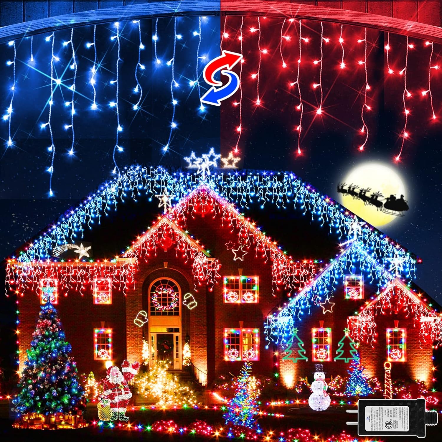 65 FT 640 LED Christmas Lights Outdoor Decorations Clear Wire String Lights Plug in 120 Drops Memory Timer Curtain Fairy Lights Waterproof for Holiday Wedding Party-Red and Blue