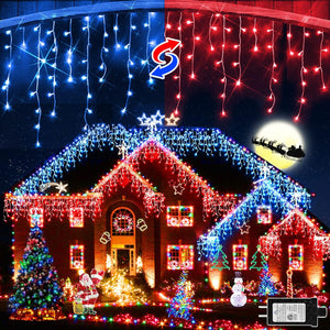 65 FT 640 LED Christmas Lights Outdoor Decorations Clear Wire String Lights Plug in 120 Drops Memory Timer Curtain Fairy Lights Waterproof for Holiday Wedding Party-Red and Blue