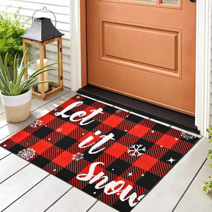 Christmas Buffalo Plaid Rug, Let It Snow Christmas Doormat with Non Slip Backing, Christmas Mats for Outdoor Front Door, Soft Indoor Rug for Bedroom Living Room Kitchen, 18 X 30 Inch