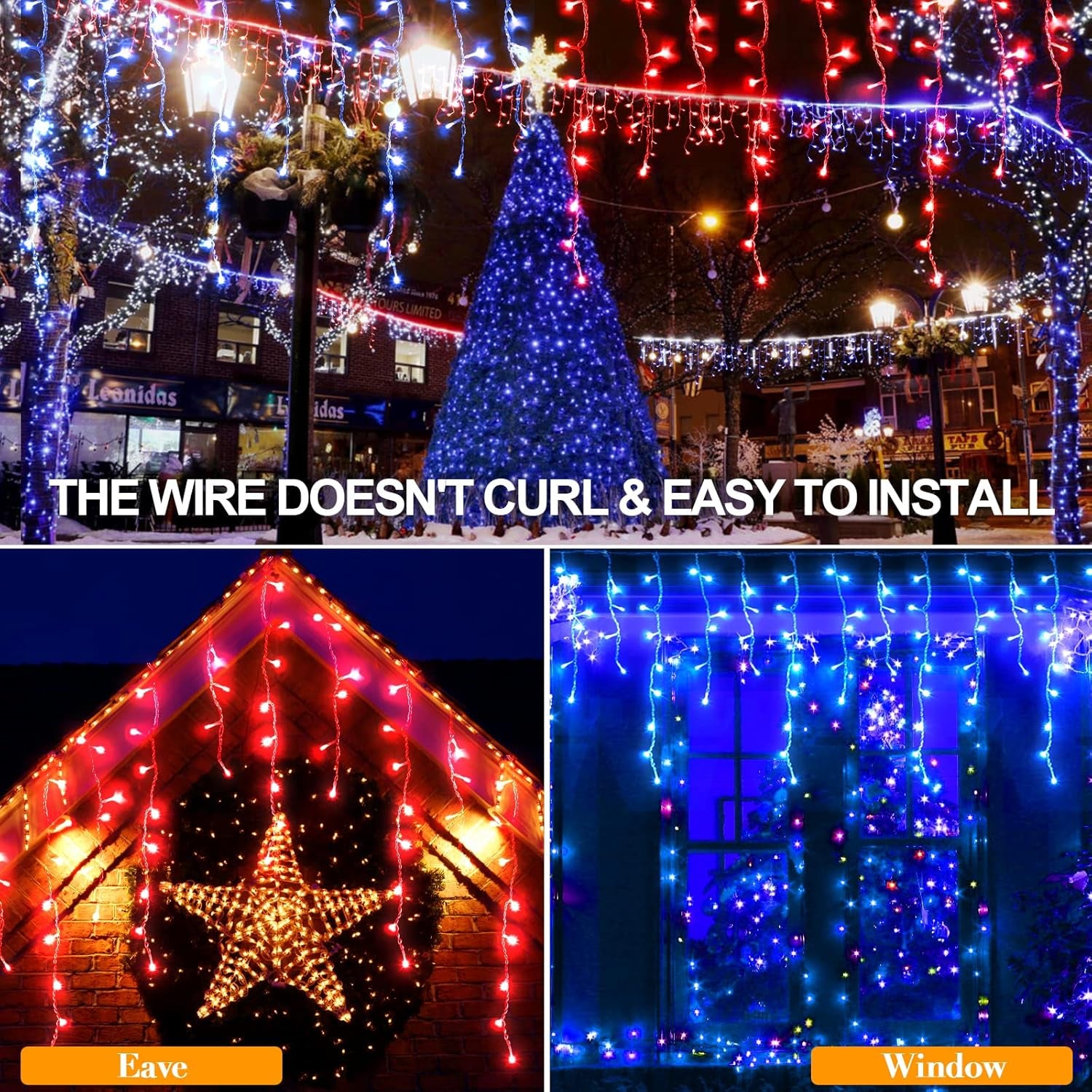 65 FT 640 LED Christmas Lights Outdoor Decorations Clear Wire String Lights Plug in 120 Drops Memory Timer Curtain Fairy Lights Waterproof for Holiday Wedding Party-Red and Blue