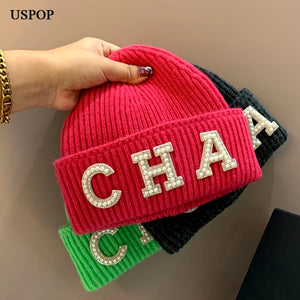 New Winter Hats Women Thick Warm Knitted Skullies Hats Pearl Letter CHA Soft Beanies