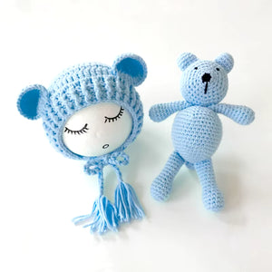 0-2Month Knitted Wool Winter Unisex Baby Hats Newborn Baby Bear Hat Set Girls Boys Photography Crochet Knit Costume