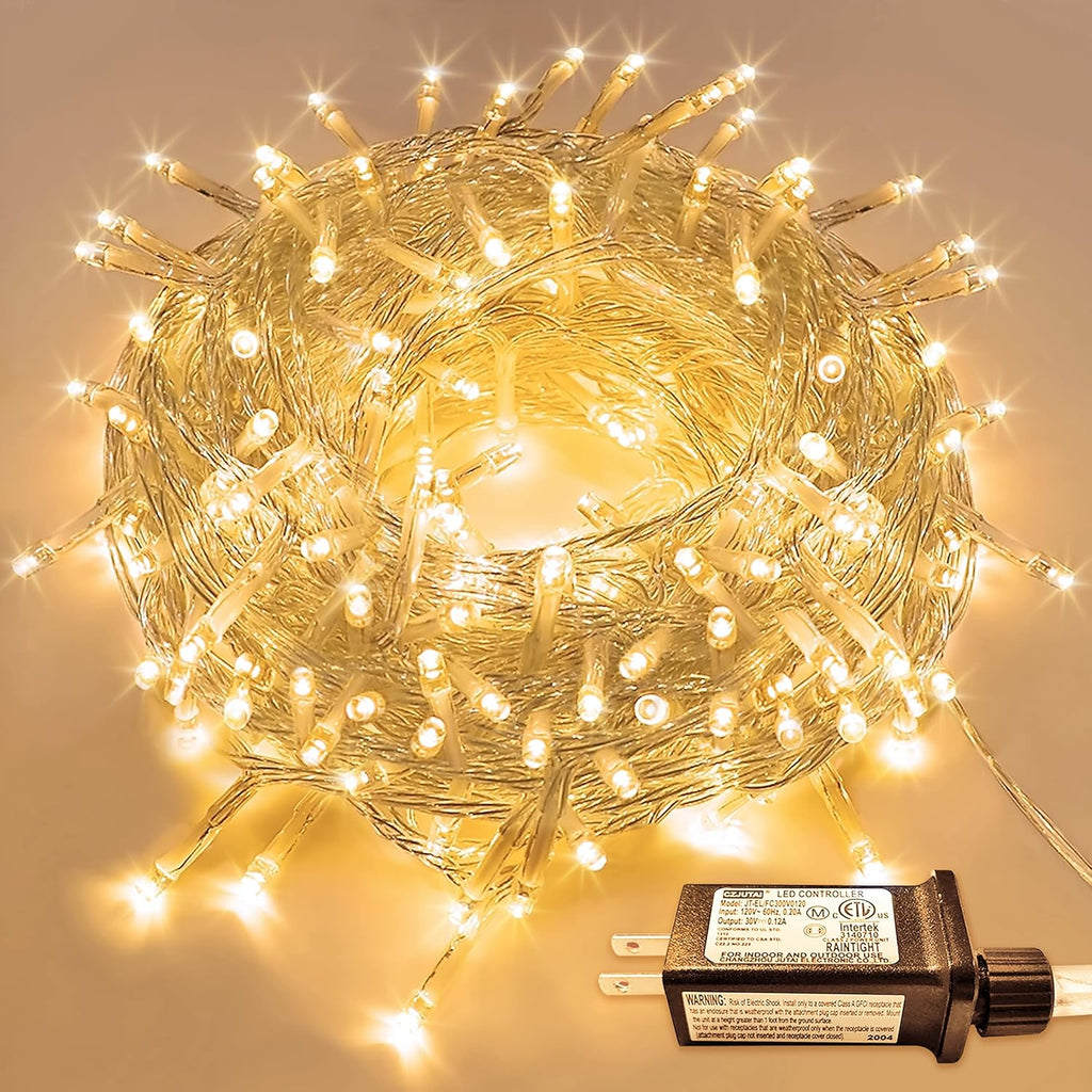 Warm White Christmas Lights for Bedroom, 300 LED String Lights Indoor Outdoor Waterproof Clear Wire, 8 Modes Fairy String Lights Plug in for Christmas Tree Bedroom Holiday Christmas Decor