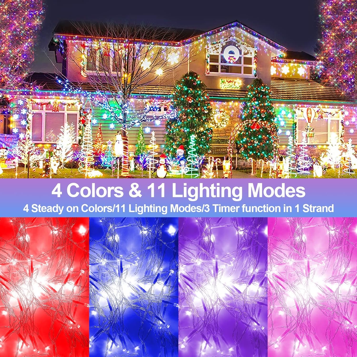 65 FT 640 LED Christmas Lights Outdoor Decorations Clear Wire String Lights Plug in 120 Drops Memory Timer Curtain Fairy Lights Waterproof for Holiday Wedding Party-Red and Blue