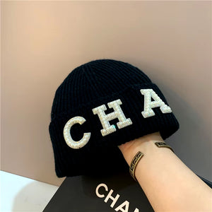 New Winter Hats Women Thick Warm Knitted Skullies Hats Pearl Letter CHA Soft Beanies