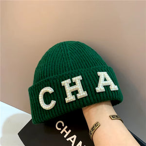 New Winter Hats Women Thick Warm Knitted Skullies Hats Pearl Letter CHA Soft Beanies