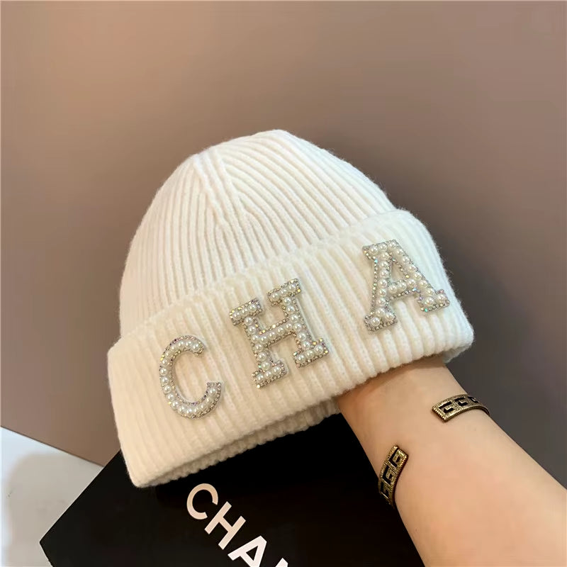 New Winter Hats Women Thick Warm Knitted Skullies Hats Pearl Letter CHA Soft Beanies