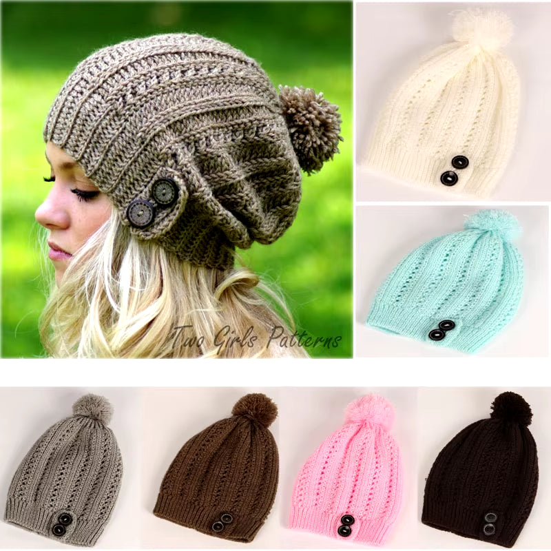 2024 Beanie Hat Women Crochet Knit Cap Ball Winter Skullies Beanies Warm Ball Caps Female Knitted Stylish Button Hats for Ladies