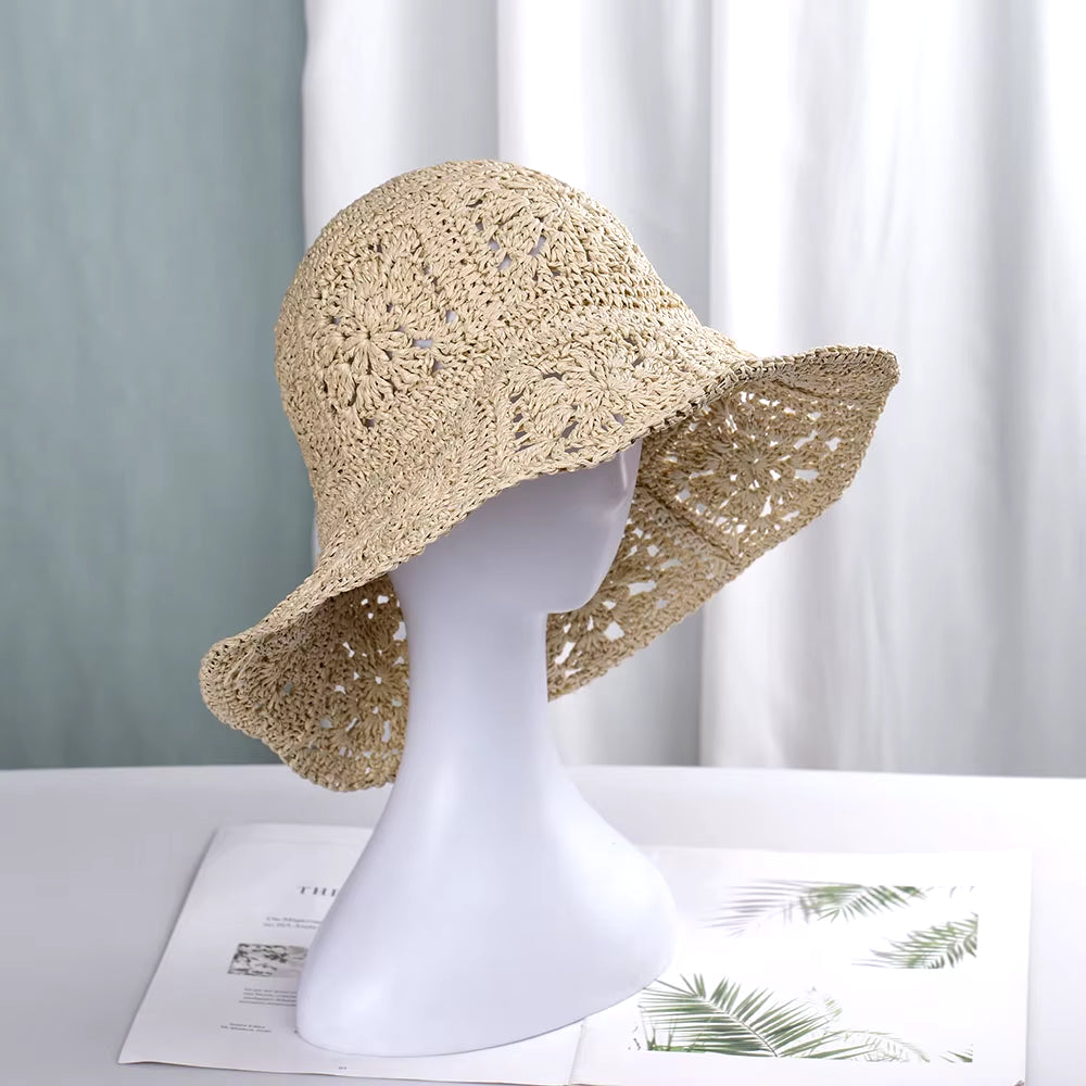 Womens Straw Hats Crochet Hat Bucket Hat UV Protection Sun Visor Beach Hats Women Visors Foldable Female Women Summer Sun Hat