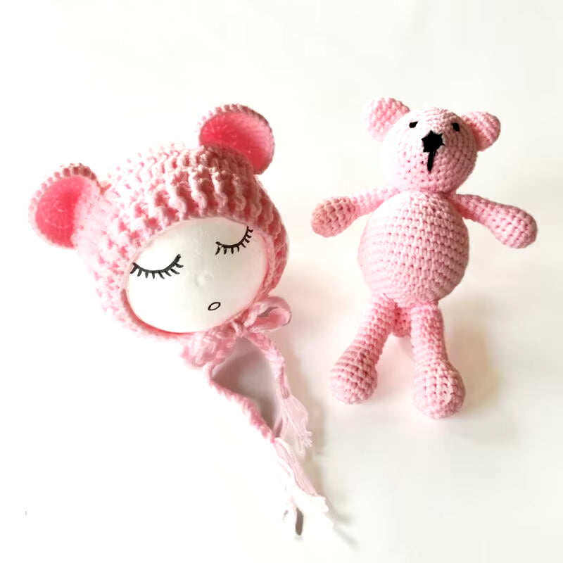 0-2Month Knitted Wool Winter Unisex Baby Hats Newborn Baby Bear Hat Set Girls Boys Photography Crochet Knit Costume