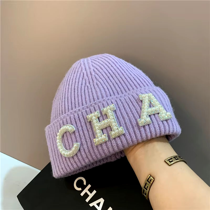 New Winter Hats Women Thick Warm Knitted Skullies Hats Pearl Letter CHA Soft Beanies