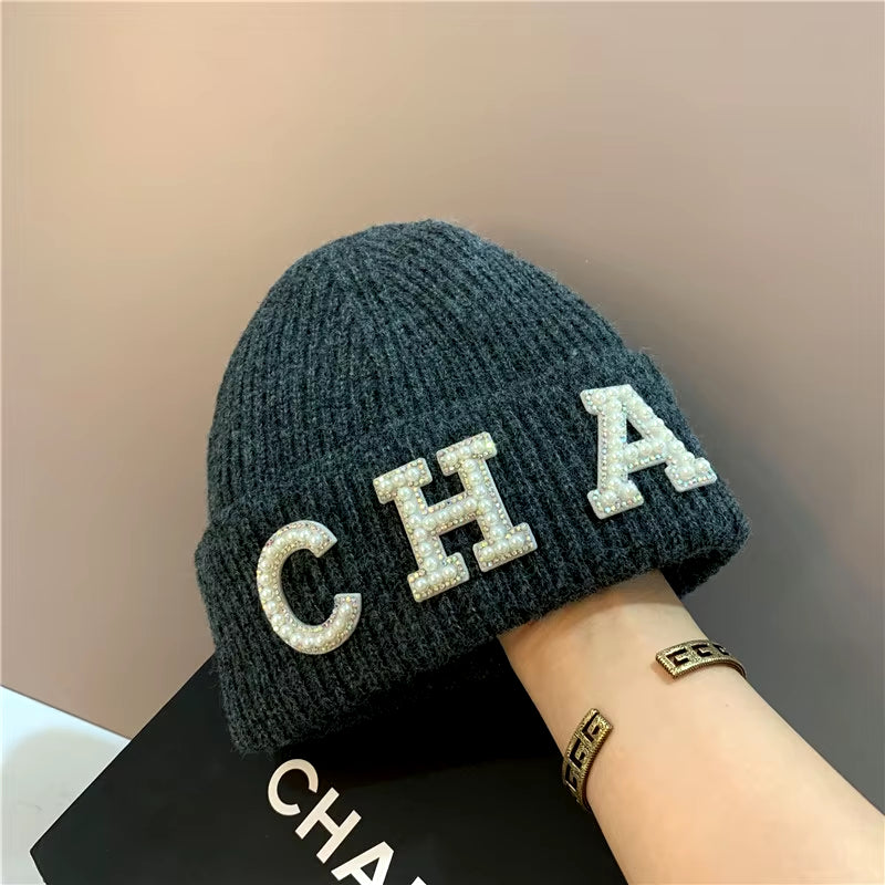 New Winter Hats Women Thick Warm Knitted Skullies Hats Pearl Letter CHA Soft Beanies