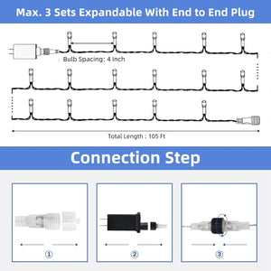 Blue Christmas Lights End to End Plug, 105FT 300 LED Christmas Tree Lights Clear Wire, 8 Modes Fairy String Lights for Halloween Christmas Bedroom Outdoor Indoor Decor (3 Sets Connectable)