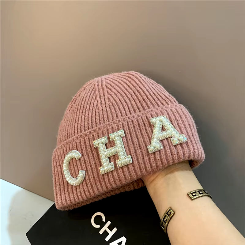 New Winter Hats Women Thick Warm Knitted Skullies Hats Pearl Letter CHA Soft Beanies