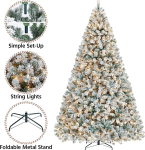 9Ft Pre-Lit Artificial Christmas Tree with Incandescent Warm White Lights, Snow Flocked Full Prelighted Xmas Tree W/2084 Branch Tips, 900 Incandescent Lights & Foldable Stand, Green & White