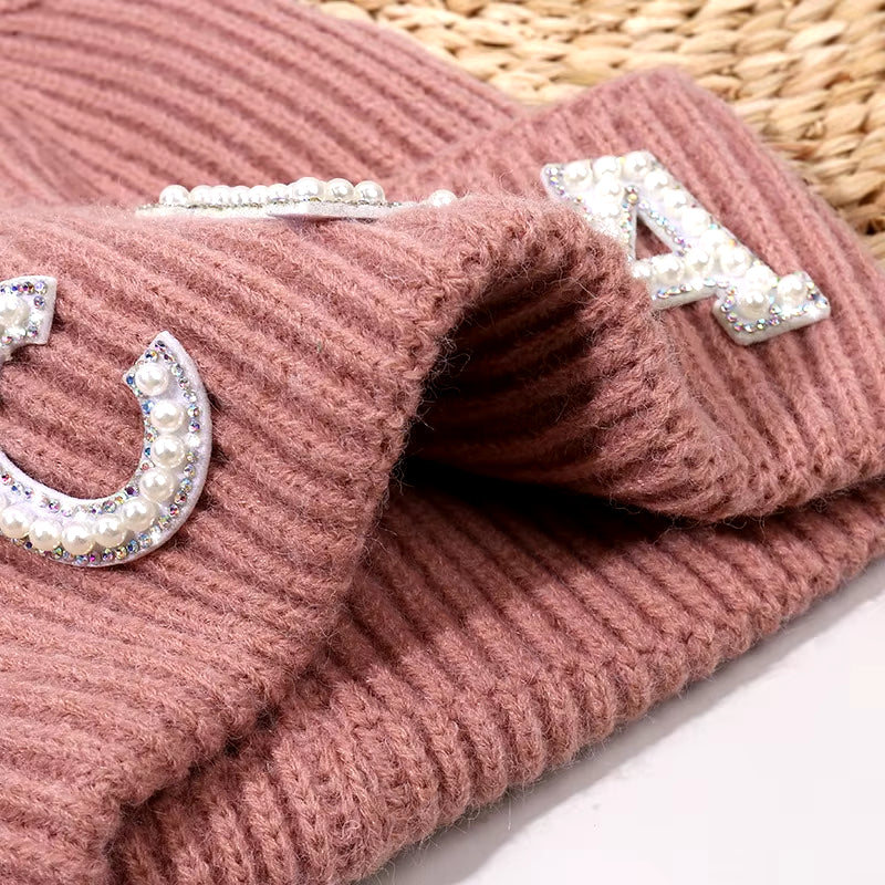 New Winter Hats Women Thick Warm Knitted Skullies Hats Pearl Letter CHA Soft Beanies