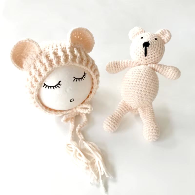 0-2Month Knitted Wool Winter Unisex Baby Hats Newborn Baby Bear Hat Set Girls Boys Photography Crochet Knit Costume