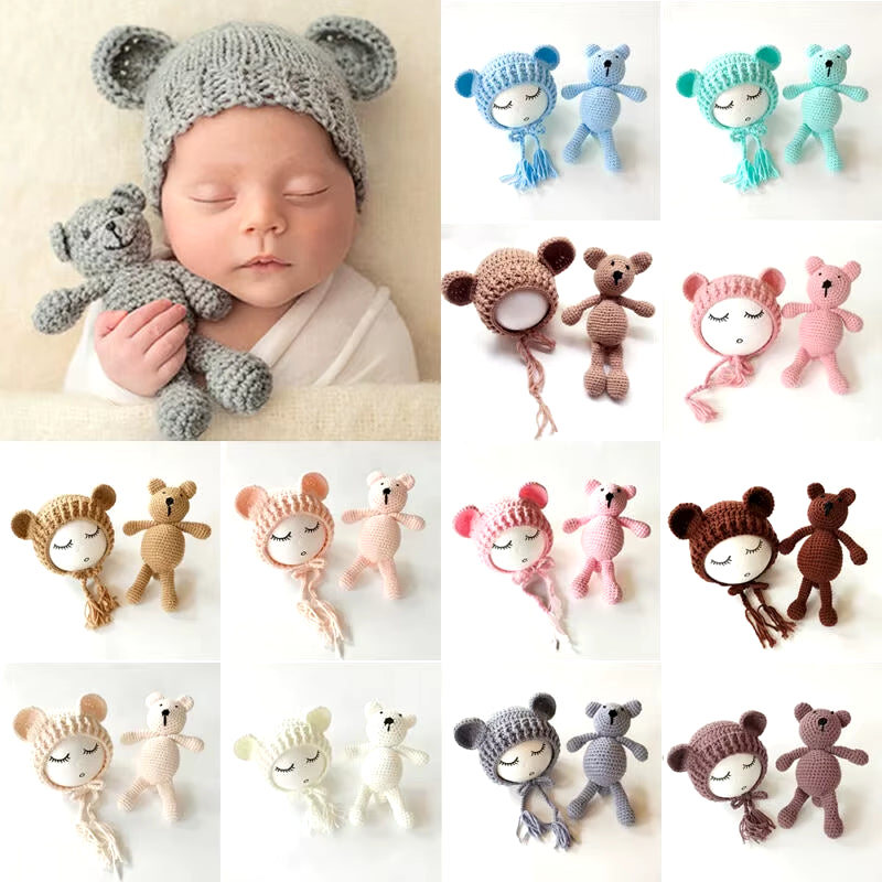 0-2Month Knitted Wool Winter Unisex Baby Hats Newborn Baby Bear Hat Set Girls Boys Photography Crochet Knit Costume