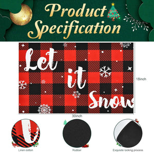 Christmas Buffalo Plaid Rug, Let It Snow Christmas Doormat with Non Slip Backing, Christmas Mats for Outdoor Front Door, Soft Indoor Rug for Bedroom Living Room Kitchen, 18 X 30 Inch