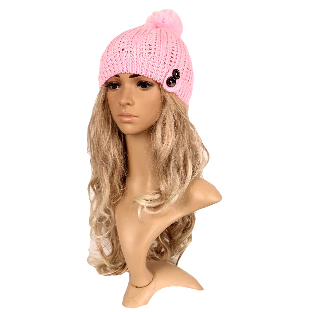 2024 Beanie Hat Women Crochet Knit Cap Ball Winter Skullies Beanies Warm Ball Caps Female Knitted Stylish Button Hats for Ladies