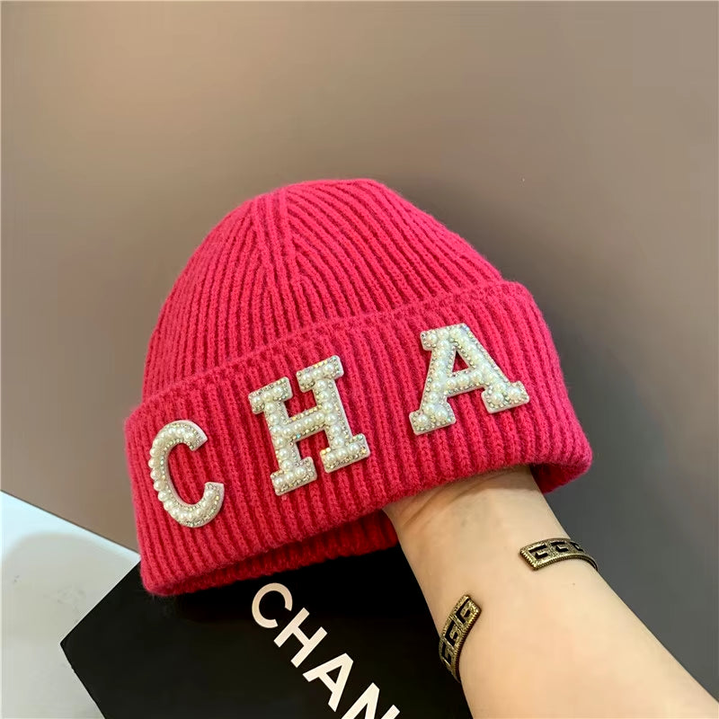 New Winter Hats Women Thick Warm Knitted Skullies Hats Pearl Letter CHA Soft Beanies