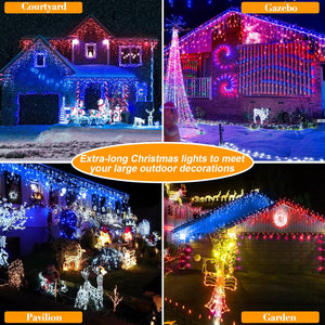 65 FT 640 LED Christmas Lights Outdoor Decorations Clear Wire String Lights Plug in 120 Drops Memory Timer Curtain Fairy Lights Waterproof for Holiday Wedding Party-Red and Blue