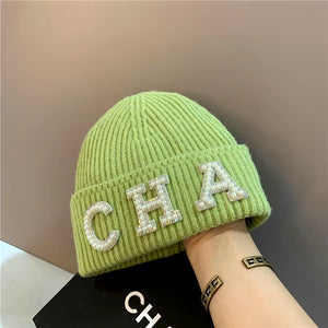 New Winter Hats Women Thick Warm Knitted Skullies Hats Pearl Letter CHA Soft Beanies