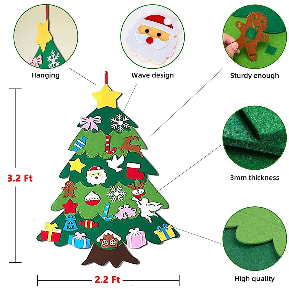 DIY Felt Christmas Tree Set Xmas Gifts for Kids, Wall Hanging Detachable Felt Christmas Tree and Mini String Light for Toddlers