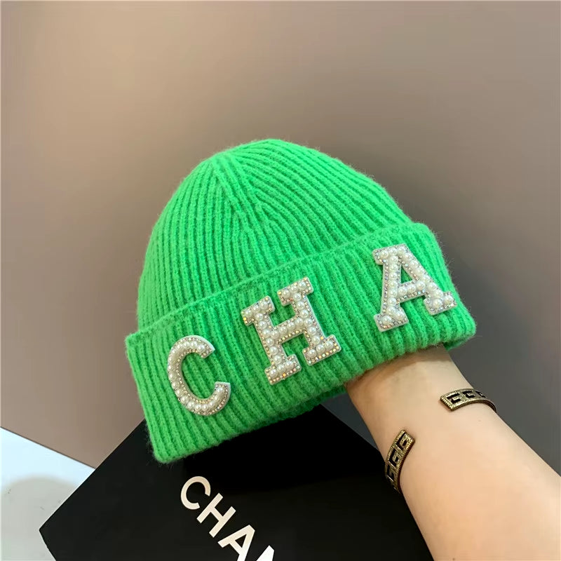 New Winter Hats Women Thick Warm Knitted Skullies Hats Pearl Letter CHA Soft Beanies