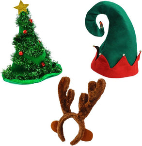 3 Pack - Plush Christmas Holiday Dress up Hats- Christmas Hats - Tree Hat - Santa Hat - Elf Hat