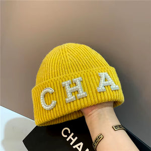 New Winter Hats Women Thick Warm Knitted Skullies Hats Pearl Letter CHA Soft Beanies