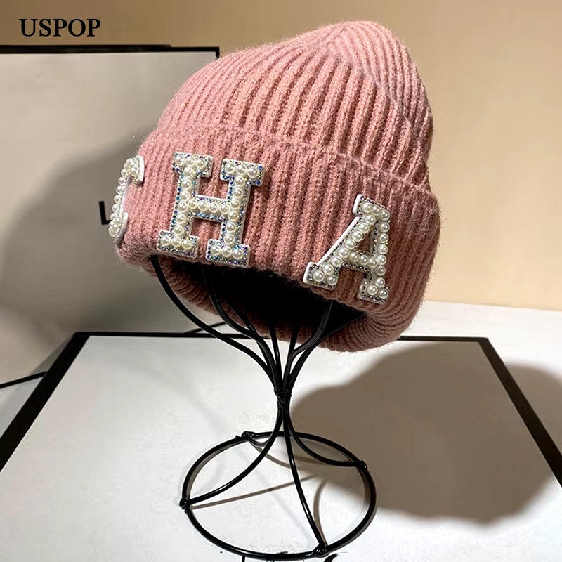 New Winter Hats Women Thick Warm Knitted Skullies Hats Pearl Letter CHA Soft Beanies