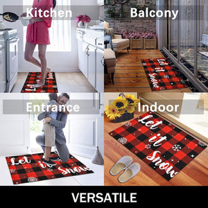 Christmas Buffalo Plaid Rug, Let It Snow Christmas Doormat with Non Slip Backing, Christmas Mats for Outdoor Front Door, Soft Indoor Rug for Bedroom Living Room Kitchen, 18 X 30 Inch