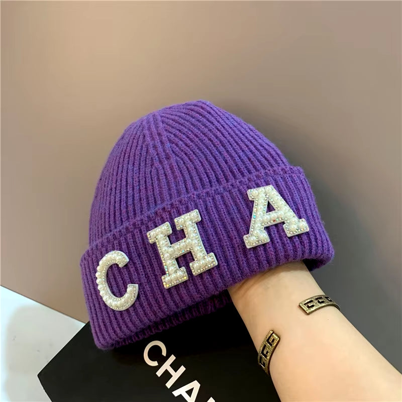 New Winter Hats Women Thick Warm Knitted Skullies Hats Pearl Letter CHA Soft Beanies