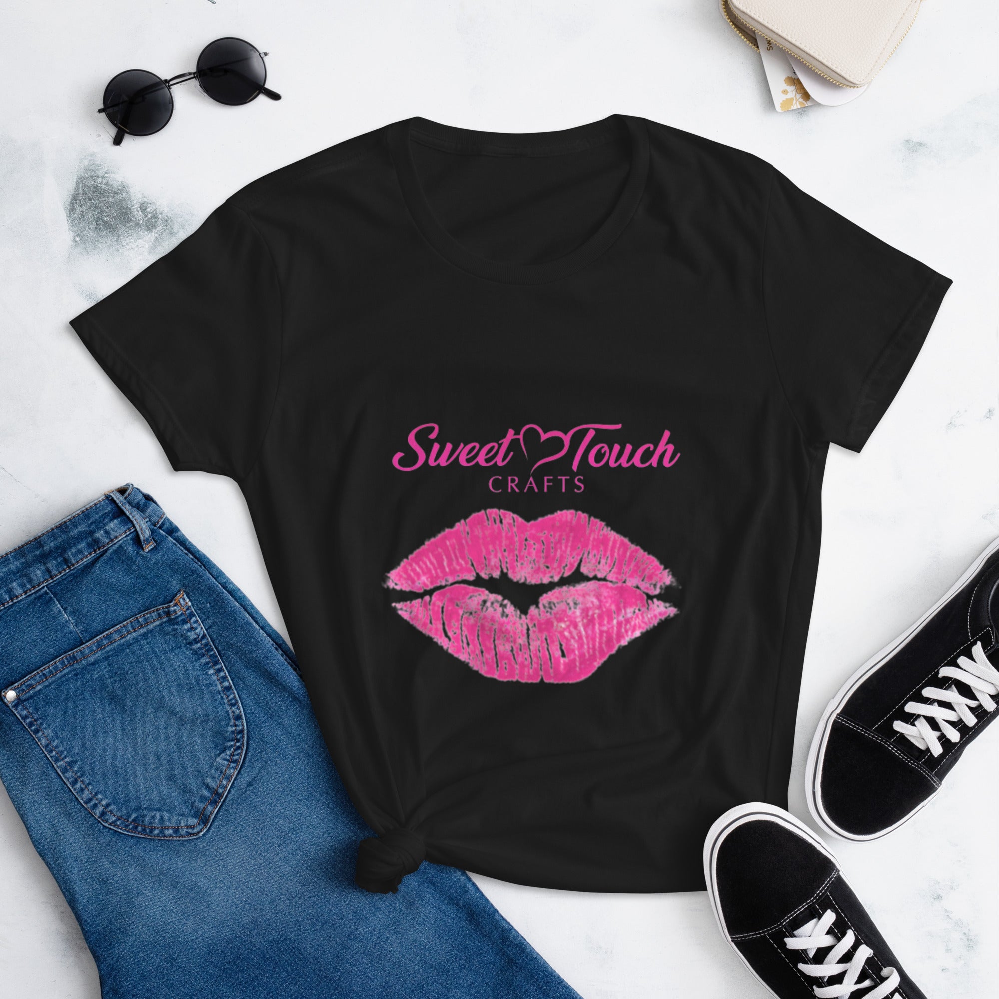 TShirt-Kiss Women's Short Sleeve-Kiss Lip Hot Pink Design